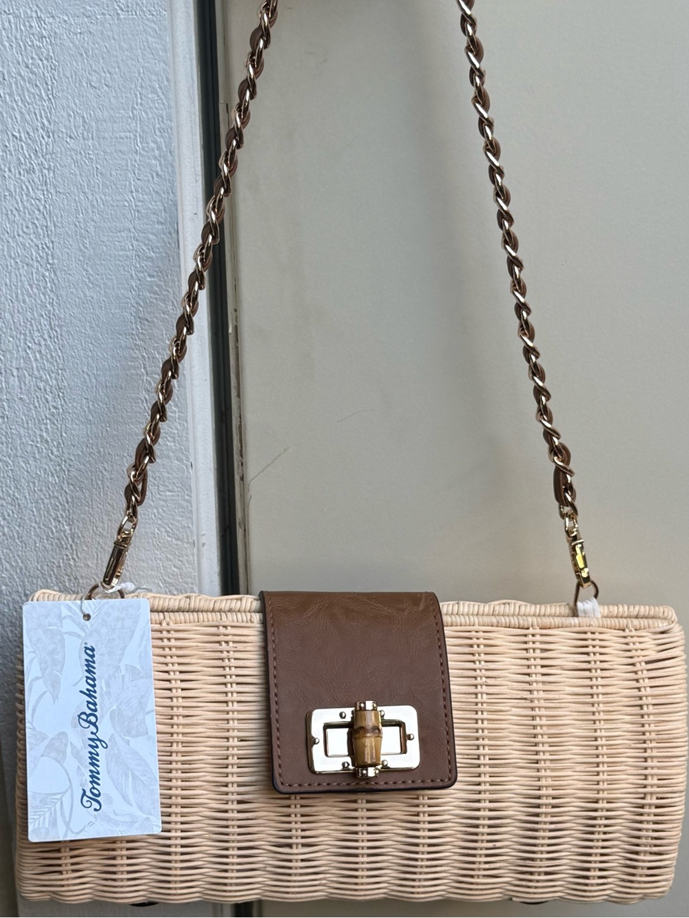 Tommy Bahama Natural/Brown Woven Wicker Clutch with Brown Leather Trim NWT - Picture 2 of 9
